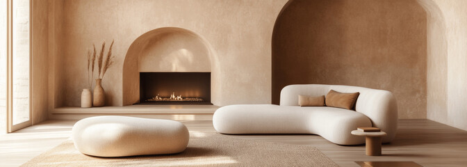 Japandi Boho Style Living Room with Curved Beige Sofa and Arched Fireplace