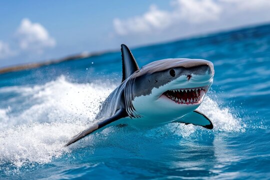 Shark on a jet ski, tearing through the waves as it leaps out of the water in an exhilarating ride along the coastline