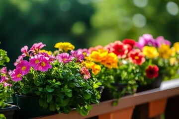 Obraz premium A vibrant display of colorful flowers in pots adorns a balcony railing, showcasing the beauty of nature and the joy of gardening. The image symbolizes growth, renewal, beauty, and the harmony of natu