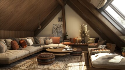 Comfortable living room design with couch, table, and cozy decor in contemporary attic space