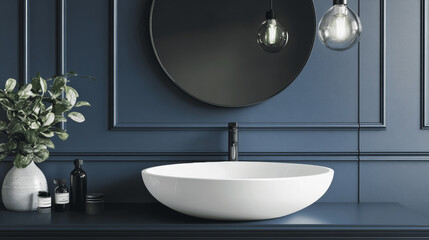 Modern Bathroom with White Vessel Sink on Dark Blue Vanity and Round Mirror