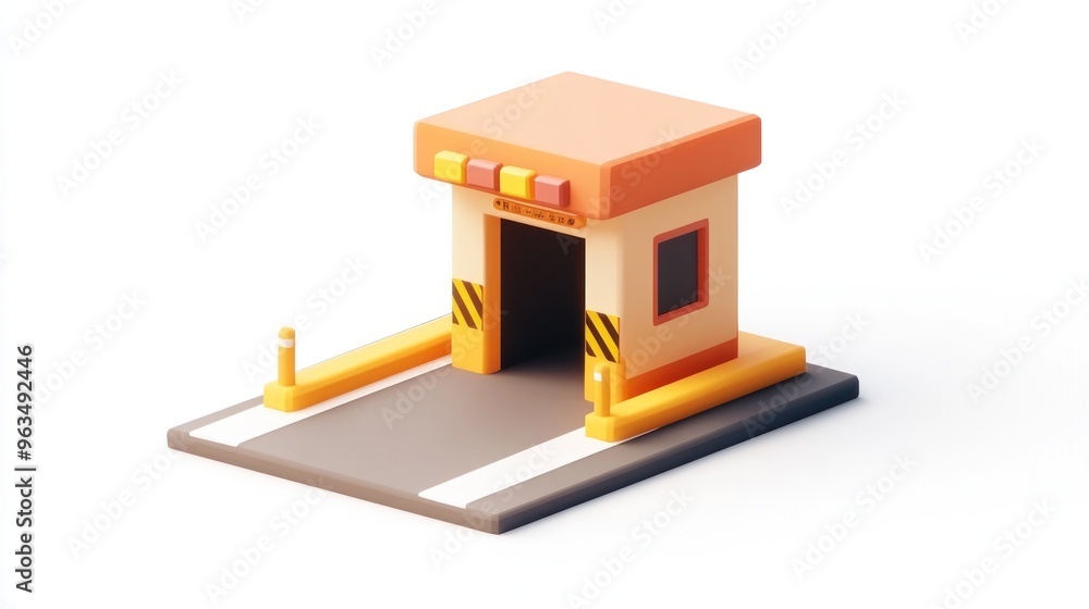 Poster a small, stylized building resembling a checkpoint or guard station.
