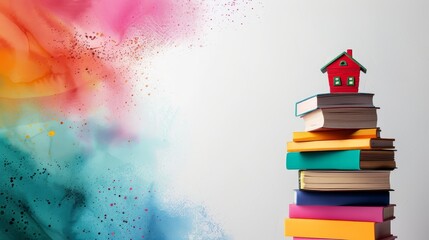 A watercolor illustration depicting a whimsical red house perched atop a stack of colorful books, symbolizing the importance of education, building dreams, home, and knowledge.