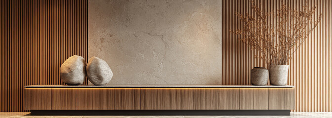 Minimalist Interior Design of Modern Living Room with Wooden Carving Dresser and Decorative Stone Sculpture"