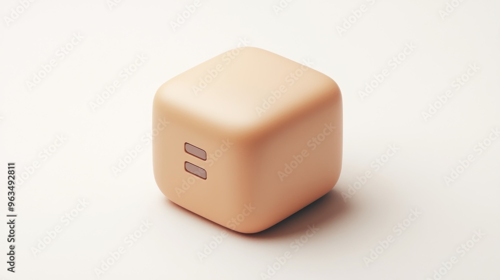 Poster a smooth, peach-colored cube with two buttons, likely a modern tech device.