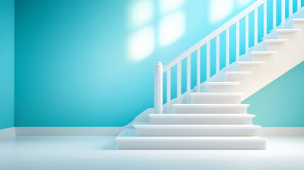 Obraz premium Bright white staircase against a turquoise wall in daylight