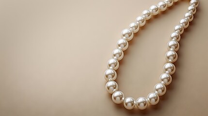 Obraz premium Text space elegant pearl necklace on beige background top view