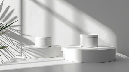 Simplistic mockup of two white pedestals for cosmetic products on a white background