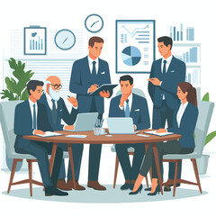 Partners meeting for business discussion with documents and laptop on desk. Couple at round table, speaking, discussing work, partnership. Flat vector illustration isolated on white background