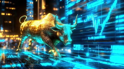 Futuristic Cyberpunk Bull Market with Glowing Numbers - 3D Rendering