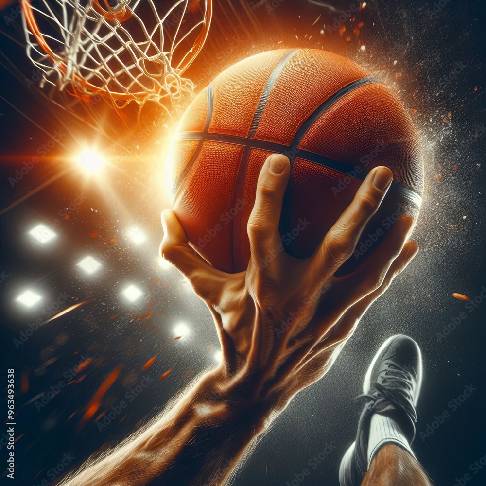 Poster a powerful close-up image capturing a hand in mid-air as it dunks a basketball into the hoop. the dy