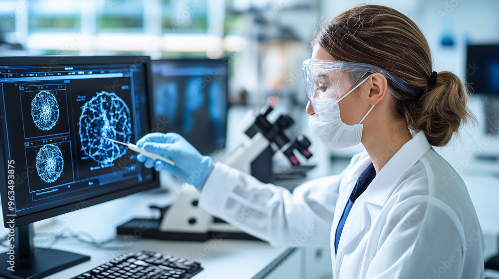 Poster lab technician analyzing data with precision focus
