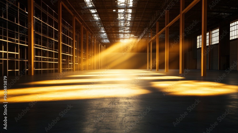 Poster an empty warehouse with rows of shelving and natural light streaming in through the windows. the ima