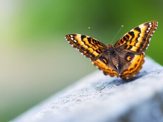 Obraz premium A butterfly flying over a gravestone, [transformation], [life and death intertwined]