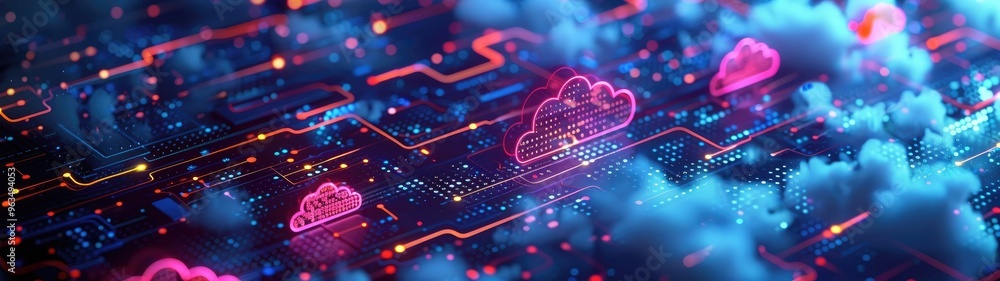 Poster futuristic digital cloud computing concept with neon lights and cloud icons, symbolizing modern data