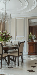 Classic Modern Dining Room with Floral Accents and Artwork