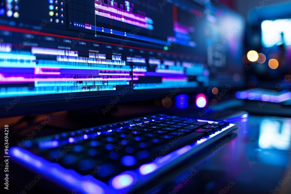 Poster video editor working on a project using professional software at night
