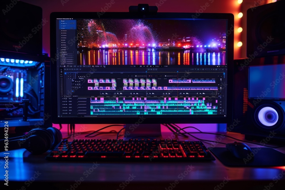 Poster video editor working on a project using professional software at night