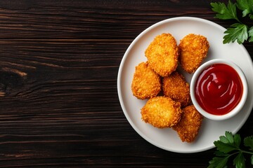 Close-up overhead shot of crispy chicken nuggets arranged on a white plate with a small bowl of ketchup, symbolizing a classic comfort food, a delicious snack, a quick and easy meal, a popular appetiz