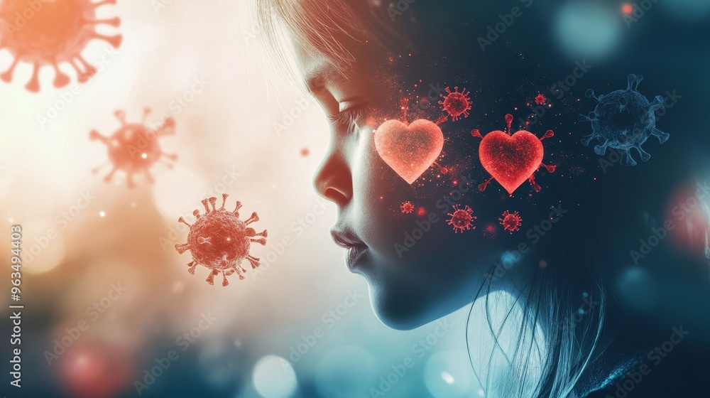 Poster this double exposure image depicts a child's profile with monkeypox virus particles surrounding them