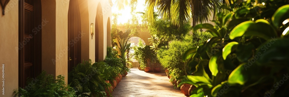 Poster this image showcases a serene courtyard pathway lined with lush greenery. sunlight streams through t