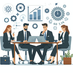 Partners meeting for business discussion with documents and laptop on desk. Couple at round table, speaking, discussing work, partnership. Flat vector illustration isolated on white background