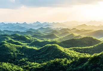 Obraz premium A panoramic view of the green mountains in southern China