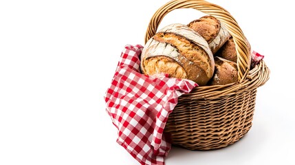Freshly Baked Bread in Wicker Basket with Red Gingham Cloth