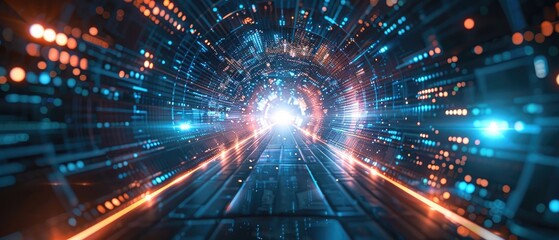 Futuristic digital tunnel with glowing lights and advanced technology, representing speed, innovation, and the cyber world.