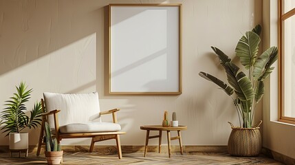 Vintage chair and table plants cacti personal accessories gold mock up poster frame