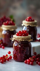 Red currant jam in jars on white table