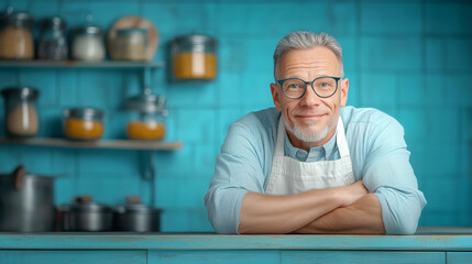 Cheerful chef in a turquoise kitchen, preparing for a meal