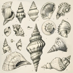Vintage retro illustrated guide showcasing various types of shells found in coastal regions