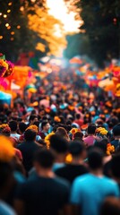 Obraz premium A vibrant crowd celebrates at a festival, filled with colorful decorations and a joyful atmosphere under warm sunset hues.