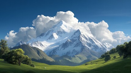 A breathtaking view of a snow-capped mountain range rising majestically above a valley covered in vibrant green meadows. The image symbolizes the beauty of nature, strength and resilience, vastness, p