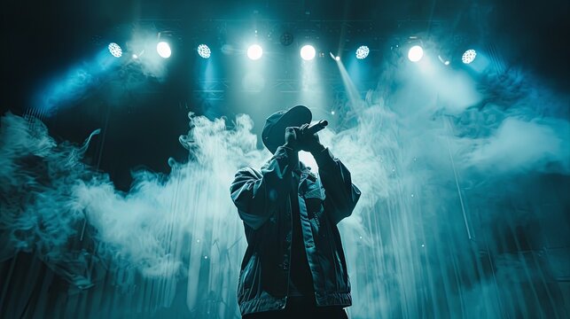 Rap trap and hip hop star performing on nightclub stage with dark background smoke and spotlights