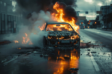 Burning car engulfed in flames on city street