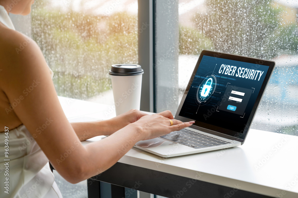 Poster cyber security system on computer screen protect private information snugly from hacker and cyber at