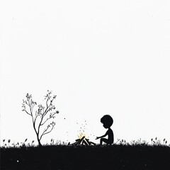 Silhouette of a child by a campfire in a minimalistic nature scene