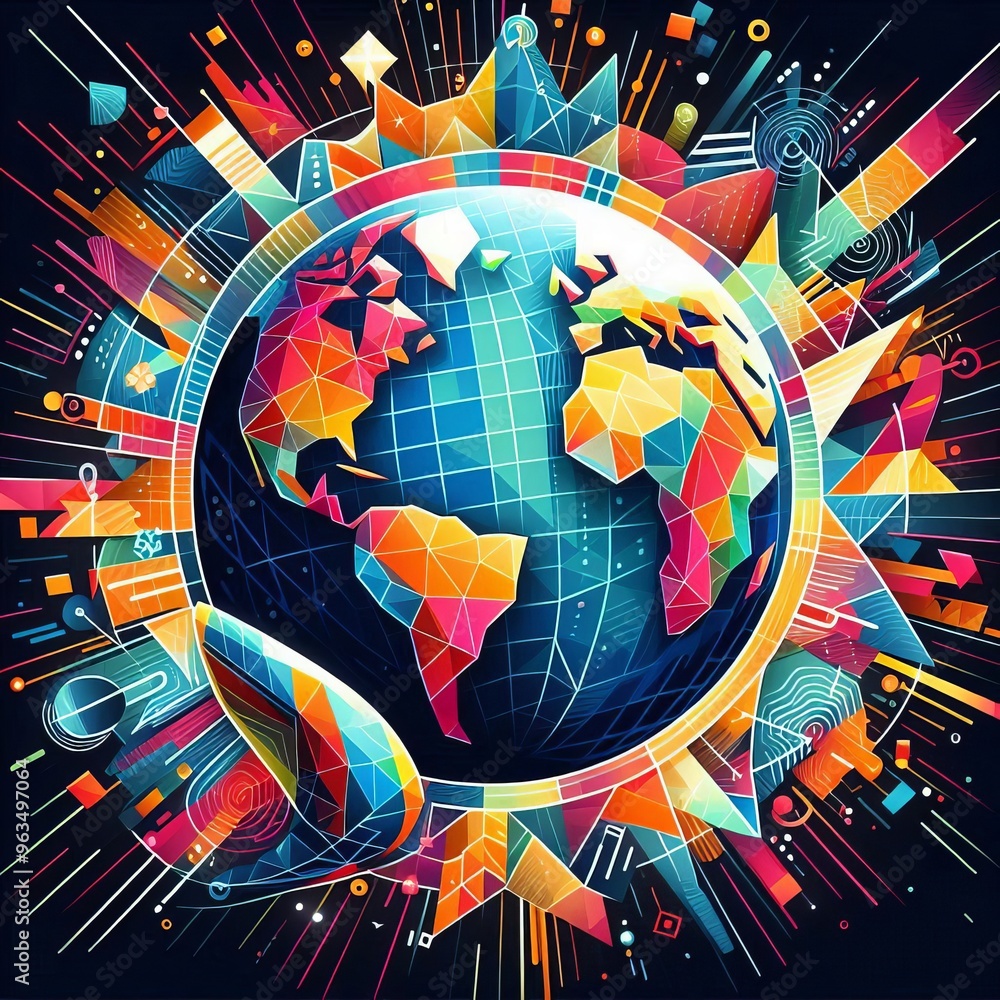 Poster a dynamic and explosive illustration of a globe surrounded by vibrant geometric patterns, conveying 
