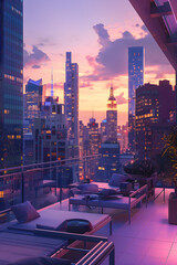 Luxurious Modern Penthouse Rooftop at Sunset with Stunning Cityscape View in High-Definition Render