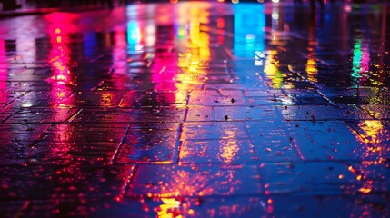 Obraz premium Colorful City Lights Reflected in Wet Pavement