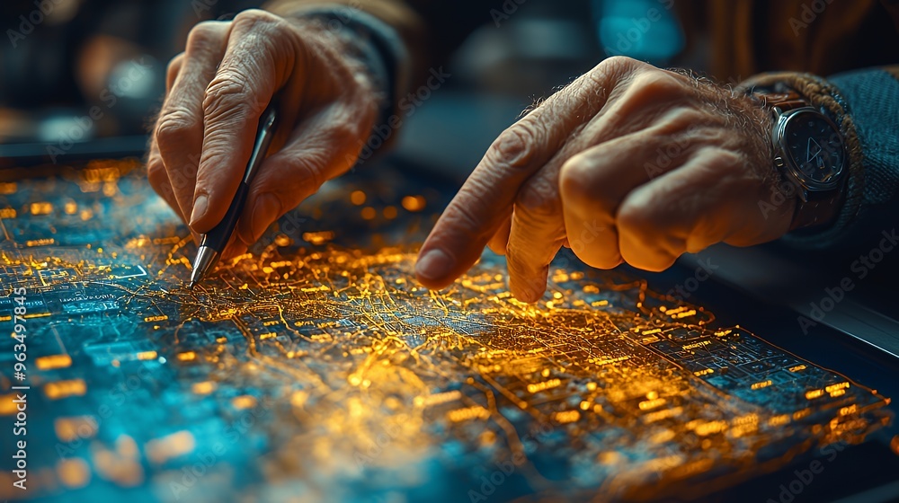 Poster close-up of a hand pointing at a glowing map with a pen.
