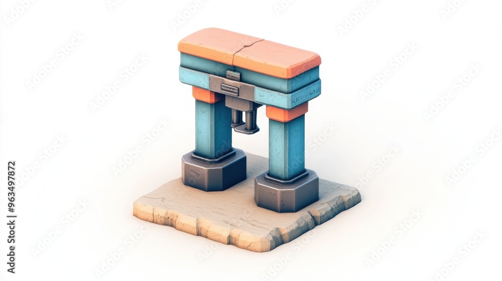 Poster a stylized structure resembling a fountain or water source with colorful elements.