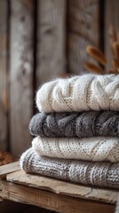 White and gray knitted sweaters on wooden background
