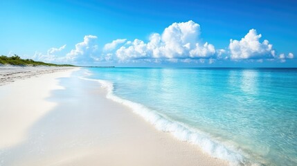 Tranquil Beach Scene with Azure Water and Fluffy Clouds