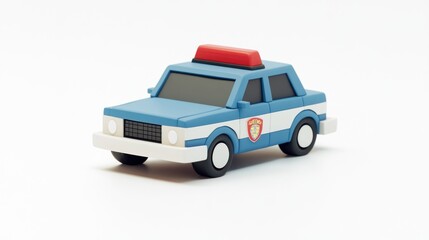 A stylized toy police car in blue and white with a red light on top.