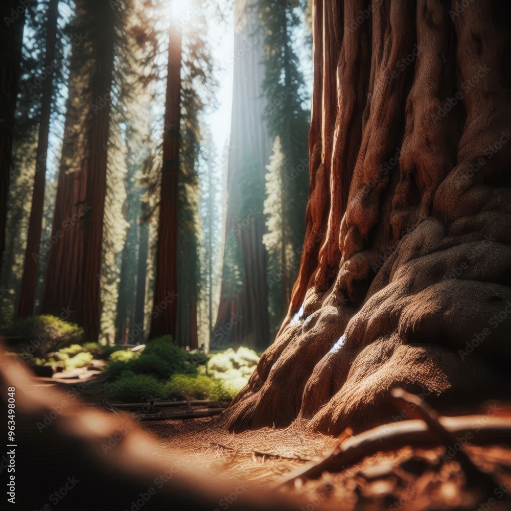 Poster a close-up view of a towering sequoia tree with sunlight gently filtering through the misty forest, 
