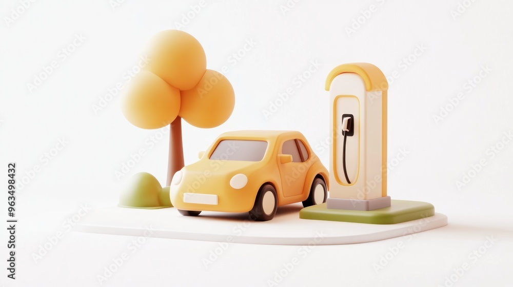 Canvas Prints A stylized yellow car charging at an electric station beside a tree and greenery.