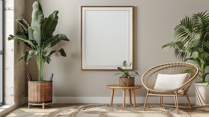 Vintage chair and table plants cacti personal accessories gold mock up poster frame